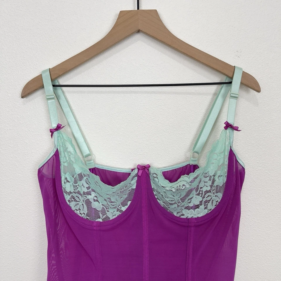 Corsé Coquette Diva para mujer 1X/2X Plus malla púrpura lencería transparente lazo de encaje de hadas Foto 2 de 4