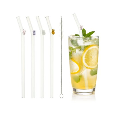 4 Pcs Reusable Glass Straws, 7.87'' Rabbit Straw, Pink/Purple/White/Yellow