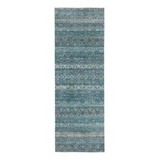 2'7" x 7'7" Blue Small Geometric Design Pure Wool Hand Knotted Runner Rug R76393