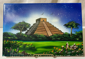 Chichen Itza Aztec Mayan Pyramid painting on clay tile 2013 signed 12x8