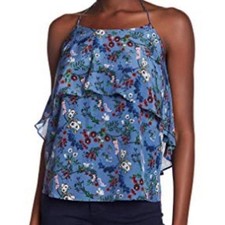 Alice Olivia Marybeth Blue Floral Layered Halter Top Silk Blouse Womens Size M