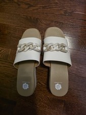 Yellow Box Womens Alora Wedge Slide Sandals US 11 M White Tan Vegan Leather NWOB
