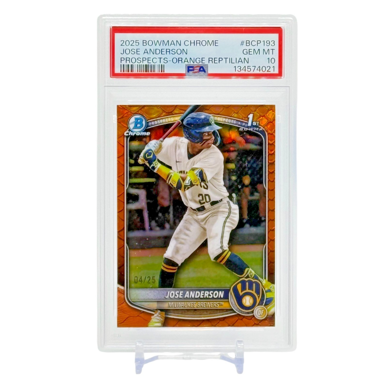 2025 Bowman Chrome Jose Anderson 1st Bowman Orange Reptilian /25  PSA 10
