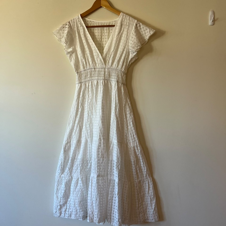 SHEIN Womens White Lace V-Neck Short Sleeve Smocked A-Line Midi Dress S