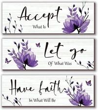 3 Pcs Purple Bathroom Decor Rustic Flower Wall Art Accept 12 x 4 Inch, 