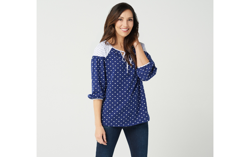 Isaac Mizrahi Live! Contrast Polka Dot Knit Peasant Top Navy