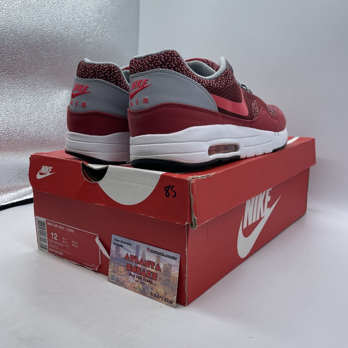 Size 12 - Nike Air Max 1 JCRD Gym Red White Grey Black Suede Size 12 - Nike Air Max 1 JCRD Gym Red White Grey Black Suede