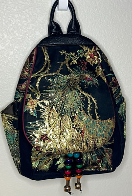 Stitched and Beaded Peacock Design Medium Backpack Black Leather Brand New