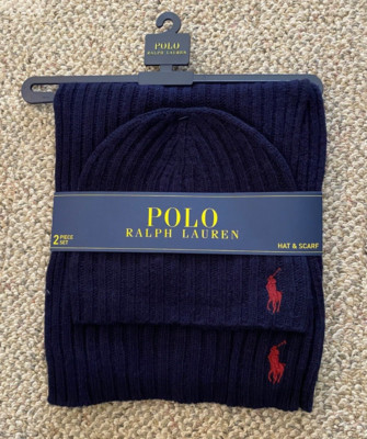 Polo Ralph Lauren Hat & Scarf Set Knit Wool Blend Winter PP0079 Navy w/ Red Pony