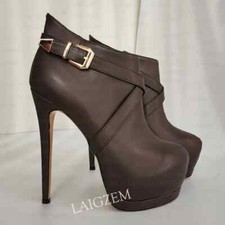 Women Ankle Boots Platform Side Zip Up Faux Leather Thin High Heels Booties Shoe