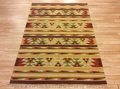 Antiker Look handgewebter Stammes-Kilim rostig beige 100 % Wollteppich 122x177 cm 50 % RABATT