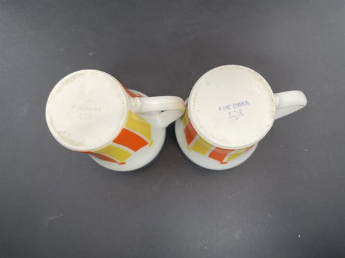Coppia tazze MCM vintage arancione giallo circo tenda tazze latte 10 oz boho - Foto 9 di 10
