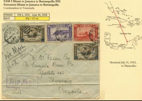 1931 extension FAM 5 courrier aérien > VENEZUELA 45c 1/2 oz. via Miami couverture Canada - Photo 1 sur 1