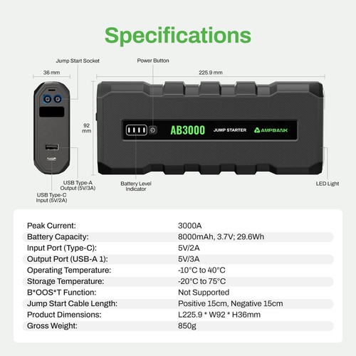 3000A Battery Charger,SuperSafe 12V Lithium Jump Box Portable Car Jump Starter - Picture 12 of 14