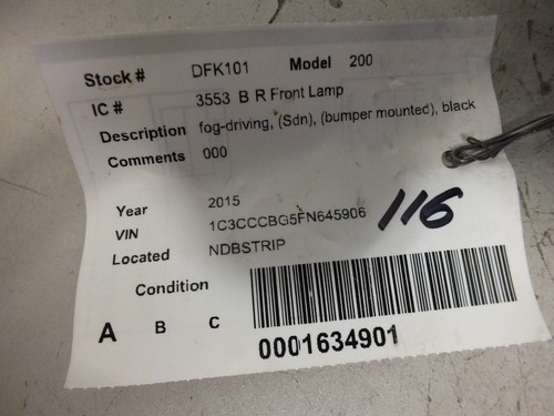 15 16 17 2015 2016 2017 CHRYSLER 200 RIGHT OR LEFT FOG LIGHT LAMP #116 - Picture 9 of 9