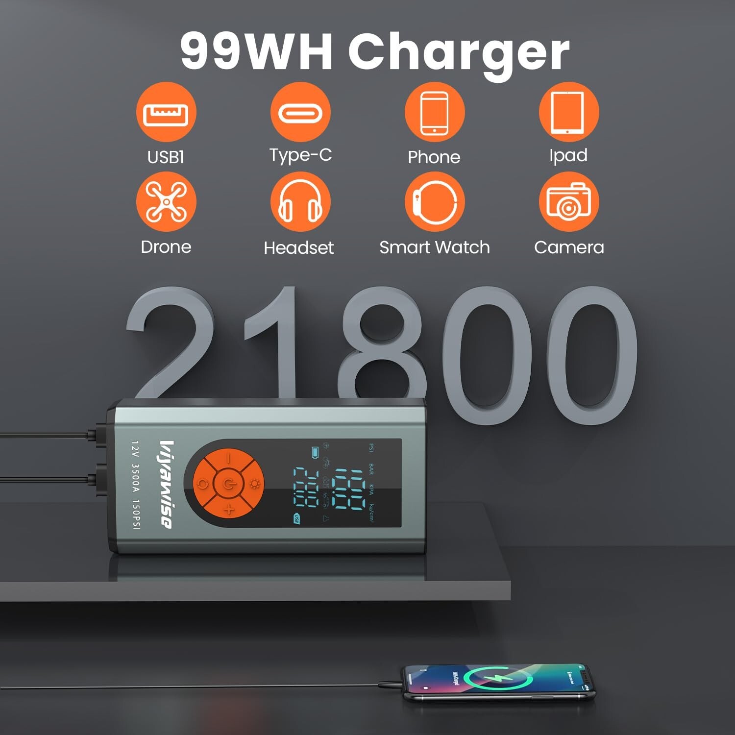 Portable Car Jump Starter with Air Compressor, 3500A Jumper Starter Battery P...