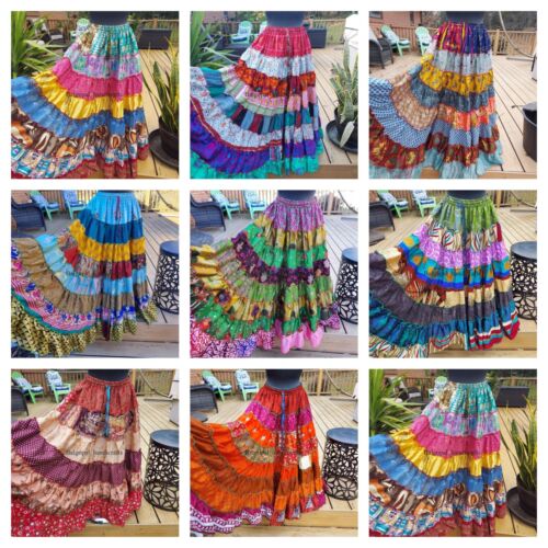 20 Pcs Lot 100% Recycle Sari Silk Patchwork Skirt, Hippie Gypsy Patchwork Skirt - Picture 1 of 10