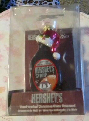 Kurt Adler Hershey's Syrup Bottle With Santa Hat Glass Christmas Ornament