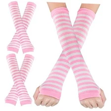 2 Pairs Punk Gothic Rock Long Arm Warmers Knit Fingerless Gloves Pink White