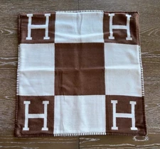 NEW Brown Ecru Avalon H Monogram Pillow Cover Cashmere Blend Euro Sham 26x26