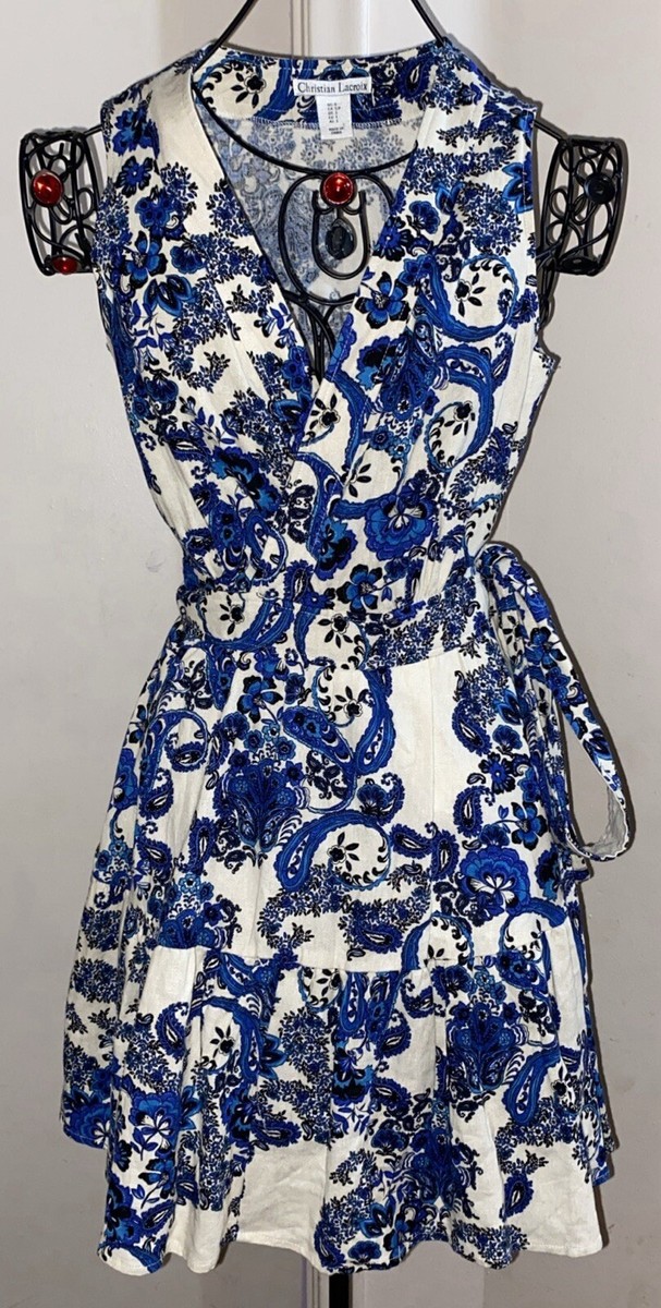 Christian Lacroix Linen Wrap Dress White & Blue Floral & Paisley Midi 90's  Style | eBay