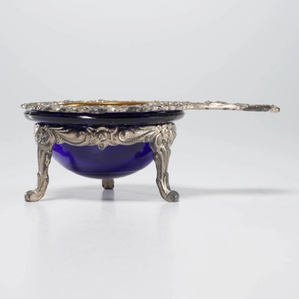 Juego de 3 coladores de té de latón de vidrio azul cobalto peltre vintage más empinado Alemania Foto 2 de 4