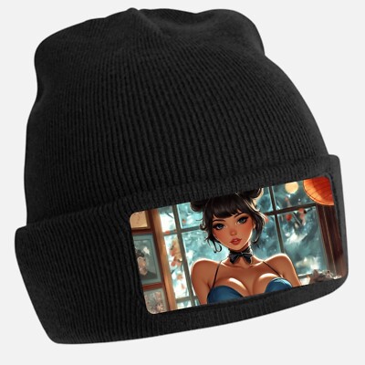Black Beanie Hat with Cool Pin UP Girl Motif - Unisex Cap, Cotton