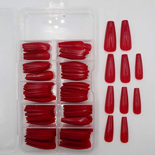 100pc Colored Coffin Press on Nails Long Ballerina False Fake Nail Tips Red - Picture 7 of 7