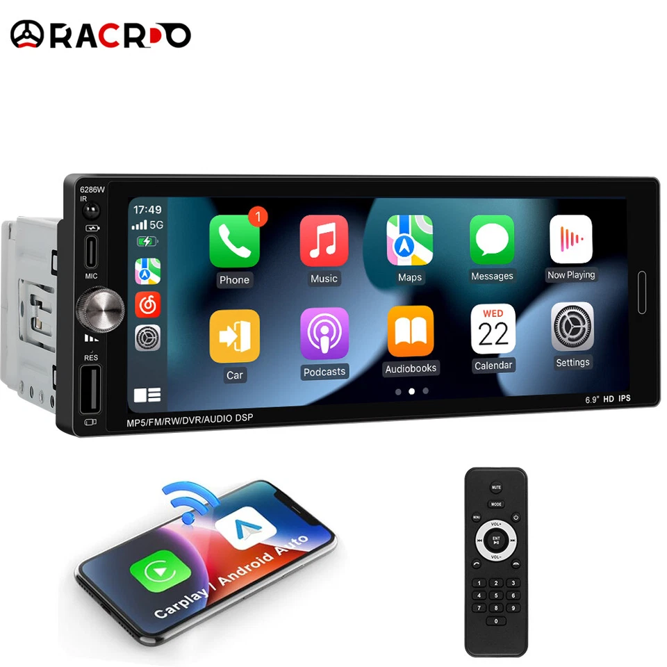 RACRDO Radio Coche 1Din 6.9" Pantalla Táctil Inalámbrica Apple/Android CarPlay Bluetooth USB FM