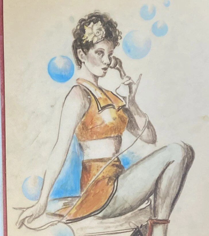 Pintura artística original Thadeus niña pinup--firmada, burbujas MCM Foto 3 de 4