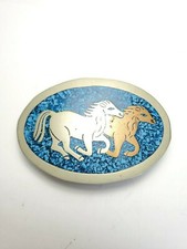 Vintage Mexico Silver Alpaca Horse Belt Buckle With Blue Inlay