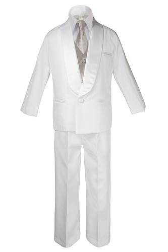 7pc Boy Baby White Shawl Lapel Suits Tuxedo Pick Satin Necktie Vest 8-20 - Picture 19 of 28