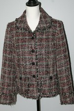 CHICO'S Womens Sz 1 Jacket Boucle Tweed Fringe Button Front Career Blazer A8
