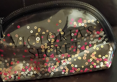 Victoria's Secret Clear Sequin Makeup Bag with Zipper - Black Pink Gold