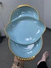 FIRE KING DELPHITE TURQUOISE MILKY BLUE GLASS RELISH DISH GOLD TRIM VINTAGE