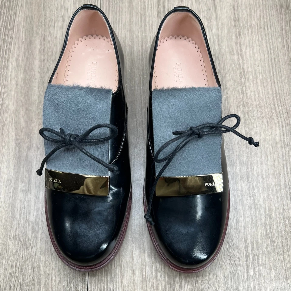 Furla Wome's Black Leather Calf Hair Oxford shoes Size 37 US 6.5 Gold Detail - Image 3 of 4