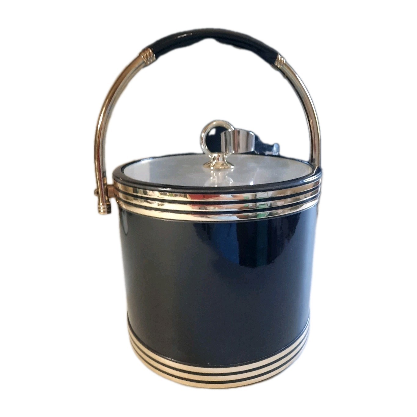 Vintage MCM Shelton Ware Brn Ice Bucket w/Lucite Lid, Handle, Tongs Mid Century