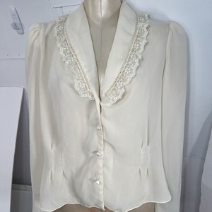 Vintage Cinnamon Stick Blouse Pearl Lace Collar Elegant Women's Large* pleated