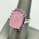 Vtg QVC Pink Jade Cabochon 925 GSJ surrounded by 20 Amethyst stones Size 7