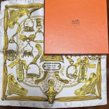 HERMES Scarf Etriers Carre 100 Silk White Gold Authentic