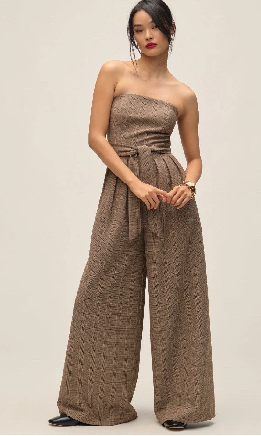 Anthropologie Corey Lynn Calter Jumpsuit Wide Leg Plaid Strapless Retro XL NWT