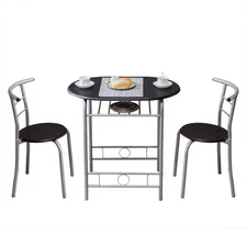3 Piece Dining Table Set with Metal Frame and Shelf Storage Bistro Pub Breakfast