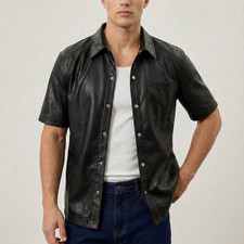 Men's Genuine Black Leather Shirt Real Skin Casual Fashion Jacket Streetwear Top