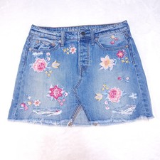 Vintage Y2k Denim Skirt 4 Small Embroidered Floral Hippie Hipster Flower Power