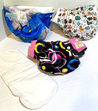 3 Reusable Cloth Diapers E.L.F., Alva Baby & Beilesen w/Inserts Adjustable