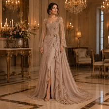 Champagne Beaded Evening Dress V Neck Long Sleeve Chiffon Formal Party Gown