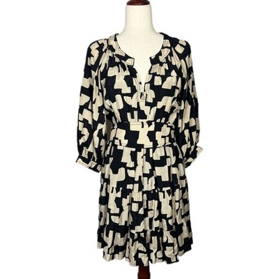 BA&SH Women's Size S Black & Tan Geo Print Pulse V-Neck 3/4-Sleeve Mini Dress