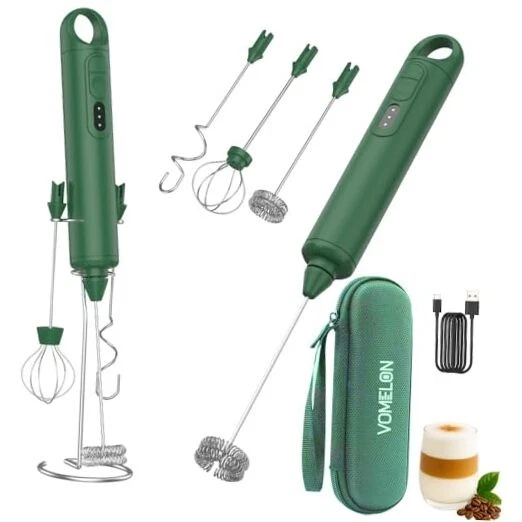 Rechargeable Milk Frother Handheld 3 Speed Coffee Foamer [3 Whisk] Grass