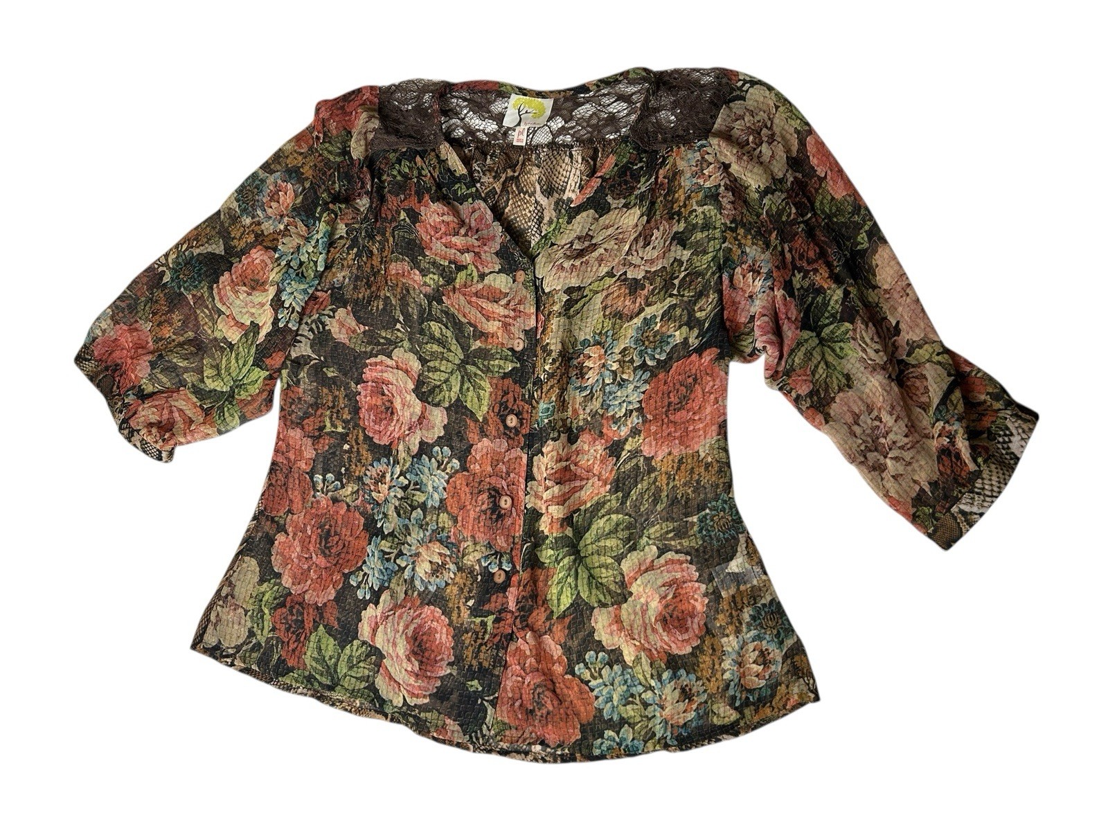 Fig and Flower Animal Print Floral Blouse Sz Petite Large Brown Boho Peasant Top
