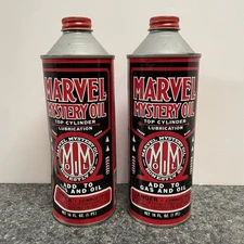 VINTAGE NEW OLD STOCK MARVEL MYSTERY OIL-16 FL OZ (1 PT) CONE TOP CAN (LOT OF 2)